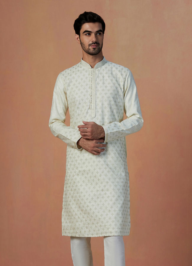 Buy White Self Design Kurta Pajama Online in the USA Manyavar